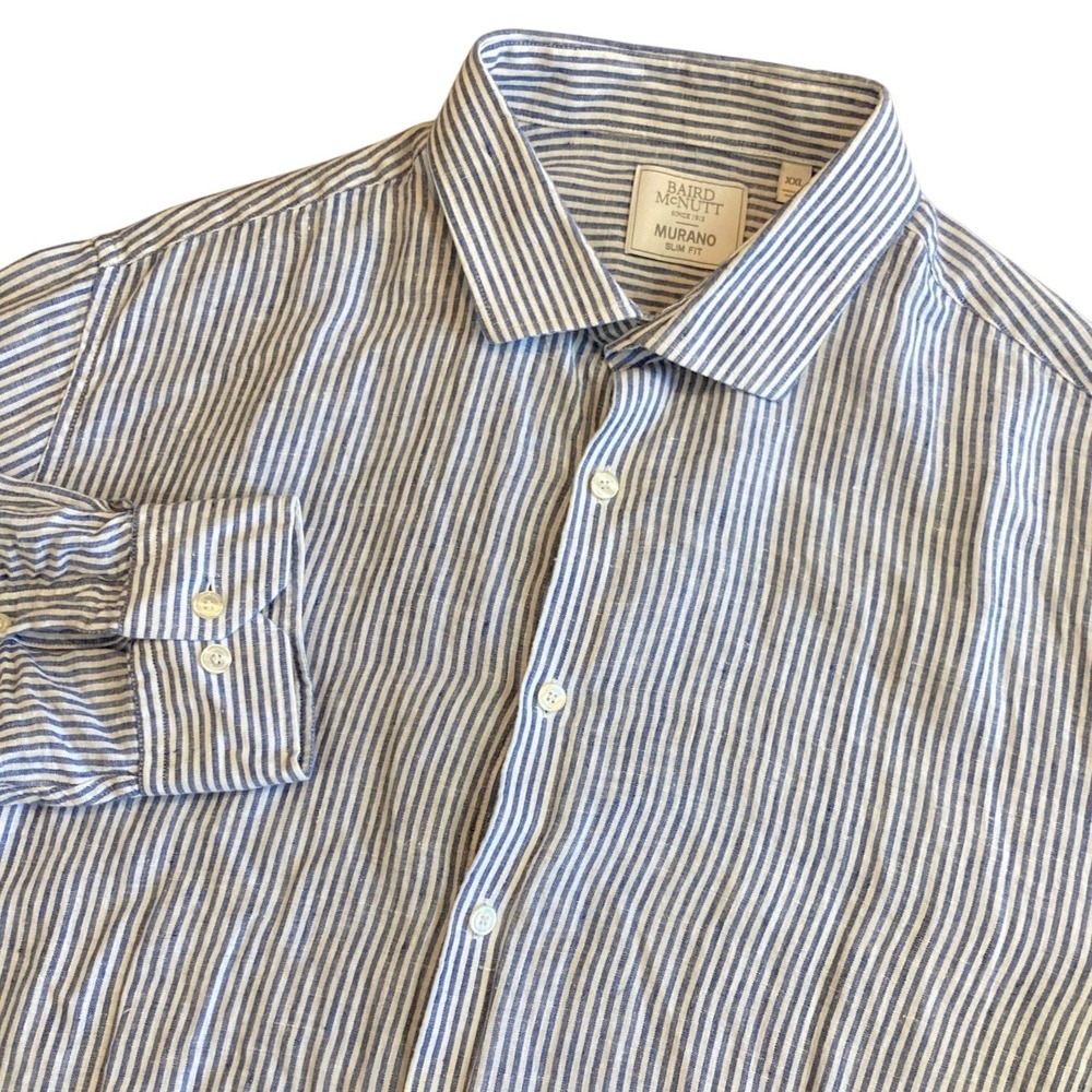 Baird McNutt Mens XXL 2XL 100% Linen Murano Slim Fit Blue White Striped Shirt